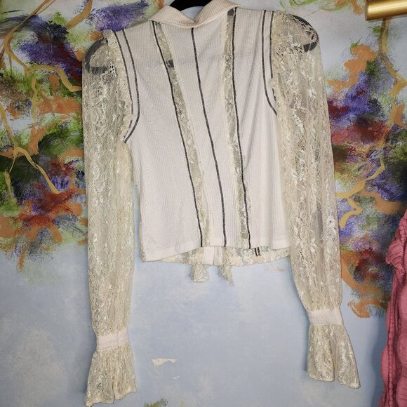 FREE PEOPLE Long Sleeve Lace Blouse with Ruffle Front Button - Picture 7 of 10